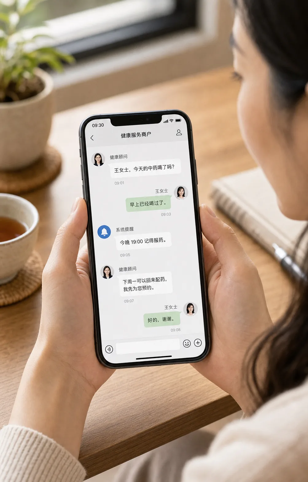 用户查看企业微信式健康服务对话